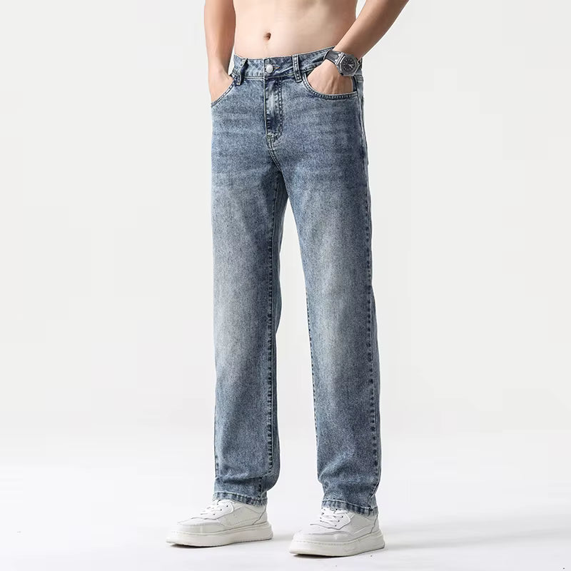 Wide Leg Jeans Men Baggy Pants Summer Straight Cut Loose Retro Blue Denim Pants Streetwear Fashion Pockets Vintage Man Clothes