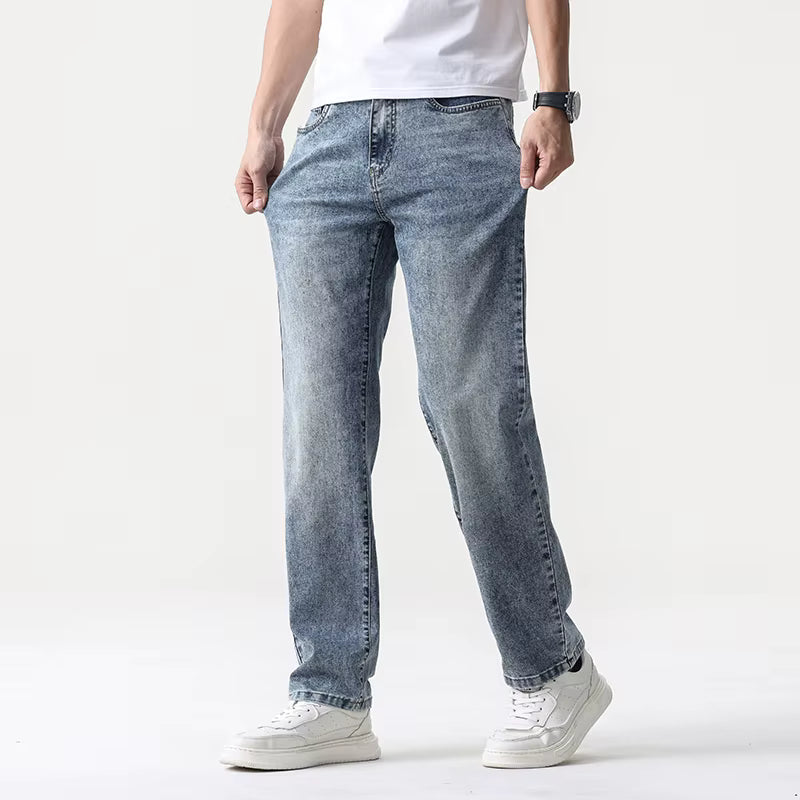 Wide Leg Jeans Men Baggy Pants Summer Straight Cut Loose Retro Blue Denim Pants Streetwear Fashion Pockets Vintage Man Clothes
