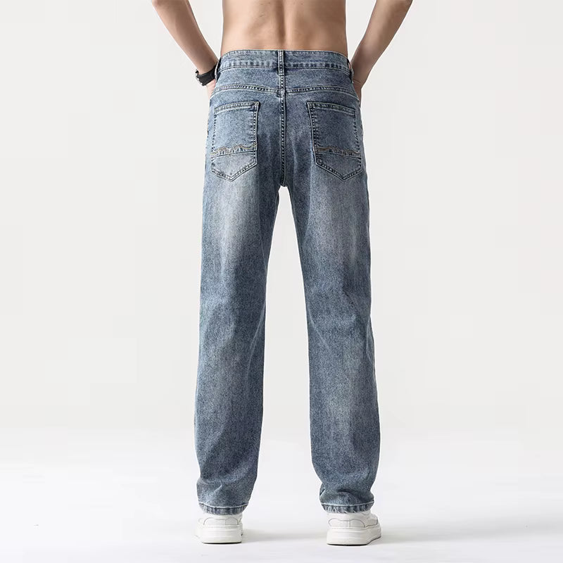 Wide Leg Jeans Men Baggy Pants Summer Straight Cut Loose Retro Blue Denim Pants Streetwear Fashion Pockets Vintage Man Clothes