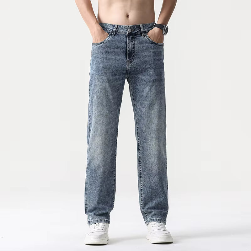 Wide Leg Jeans Men Baggy Pants Summer Straight Cut Loose Retro Blue Denim Pants Streetwear Fashion Pockets Vintage Man Clothes