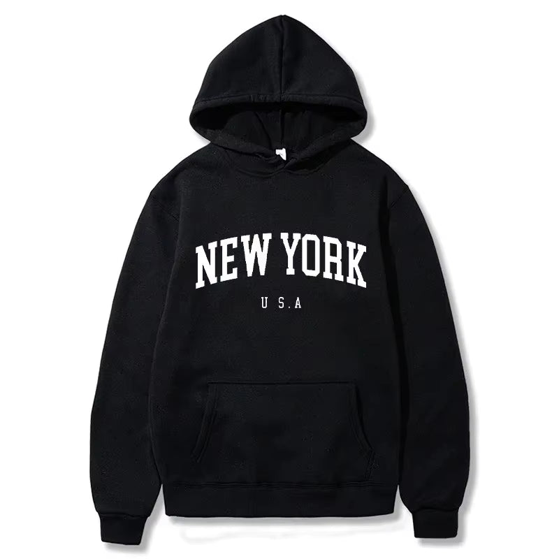 Men New York U.S.A City Hoodies Fashion Letter Printed Graphic Sweatshirts Loose Casual Harajuku Hooded Pullover Sportwear